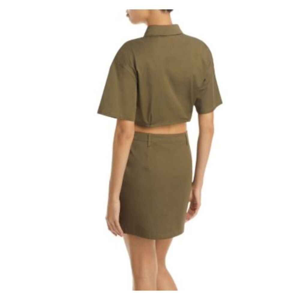 AQUA Womens Green Curved Hem Cropped Short Sleeve Point Collar Button Up Top L - Picture 2 of 2